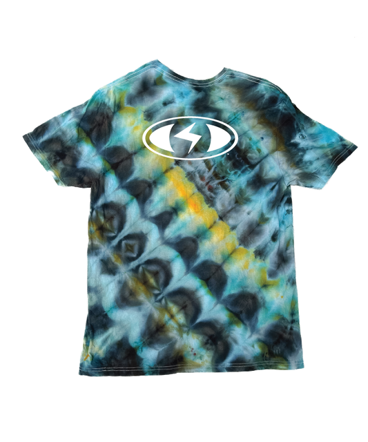 Emerald Eye (back view) - Teal, Tangerine and Black ice dye with the seeing-eye logo - by Witness - Surf and Creative Wear