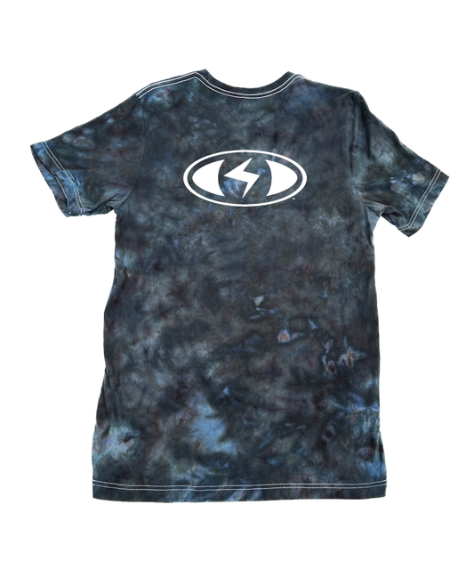 Picasso Moon (back view) - Black, dark teal and blue ice dye with seeing-eye logo - by Witness - Surf and Creative Wear