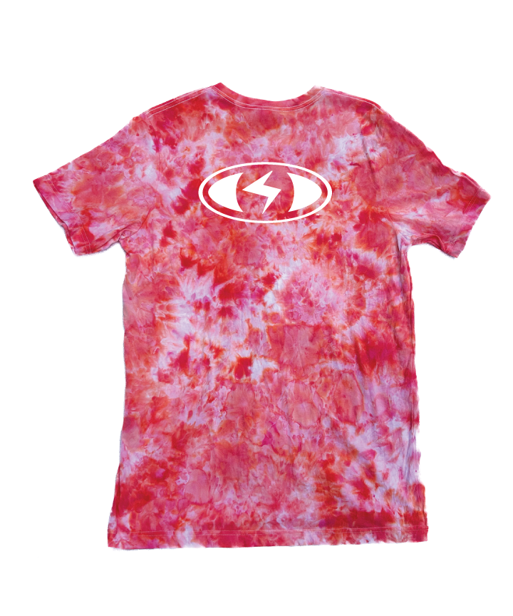 Salmon Glow (back view) - Red, orange and white ice dye with seeing-eye logo - by Witness - Surf and Creative Wear