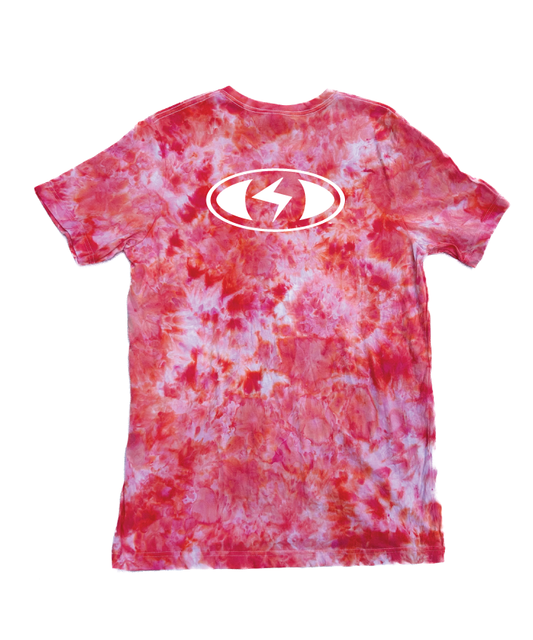 Salmon Glow (back view) - Red, orange and white ice dye with seeing-eye logo - by Witness - Surf and Creative Wear