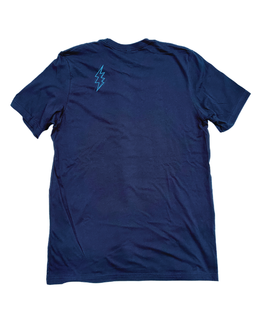 Navy Shirt (back view) with blue zap logo on left shoulder