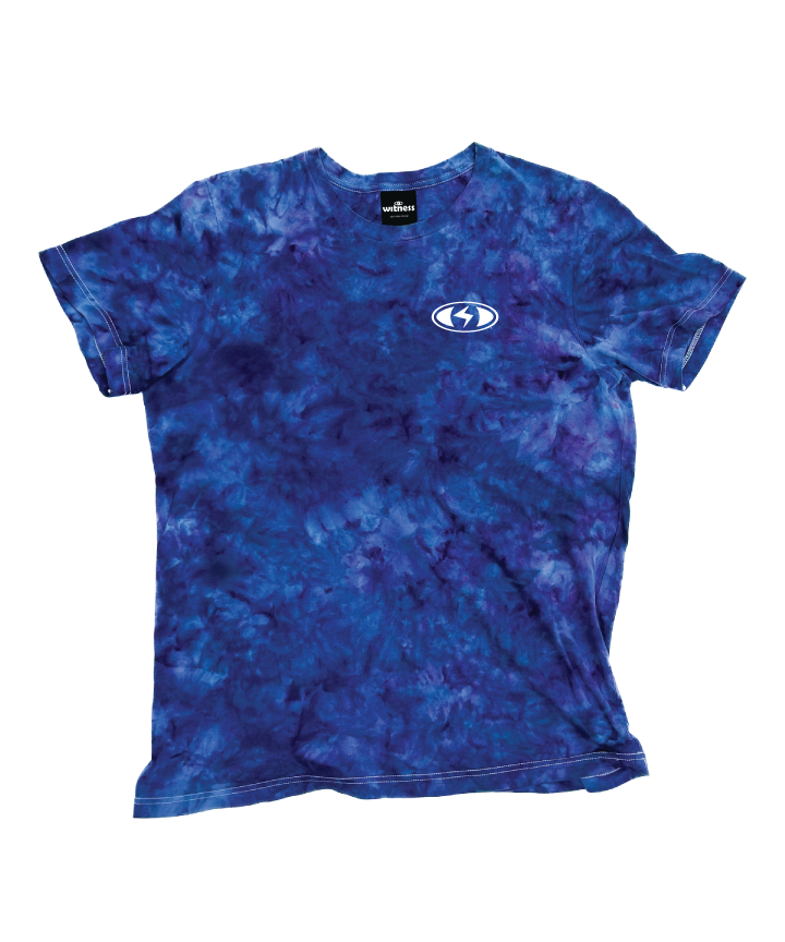 Vitamin B (front view) - Blue, black and purple ice dye with seeing-eye logo - by Witness - Surf and Creative Wear