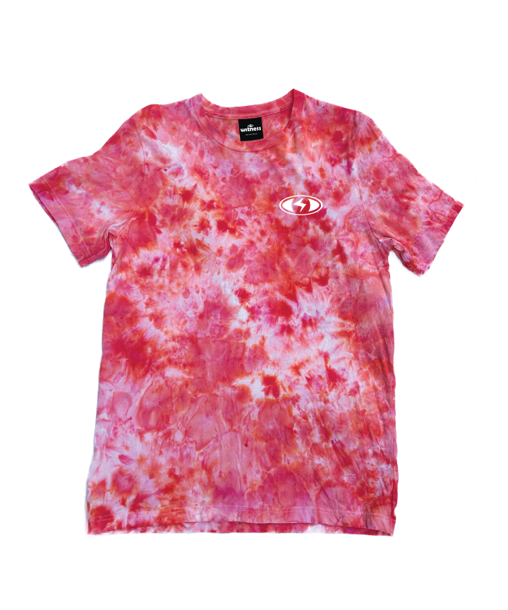 Salmon Glow (front view) - Red, orange and white ice dye with seeing-eye logo - by Witness - Surf and Creative Wear