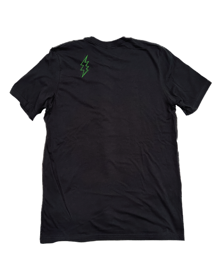 Solid Black - Phish Dogpool Logo t-shirt with green Witness zap logo on back left shoulder