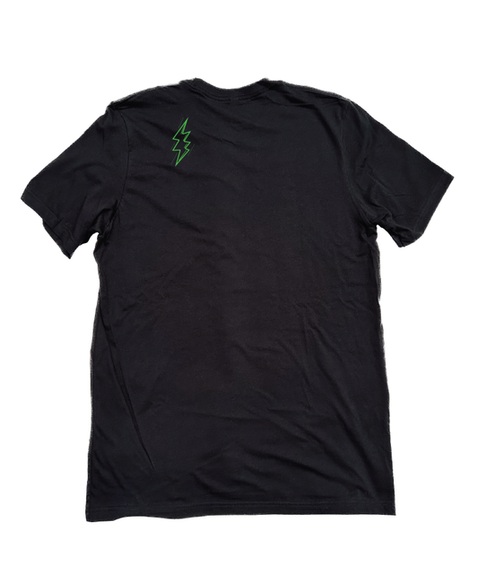 Solid Black - Phish Dogpool Logo t-shirt with green Witness zap logo on back left shoulder