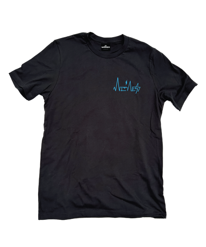 Black Shirt (front view) with blue Kader Frequency Witness logo 