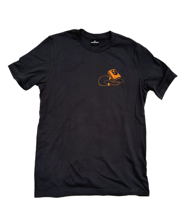 Black Shirt with orange Retro/vintage Sony Sports Walkman graphic tee modified with Witness logo and Dew Boys emblem