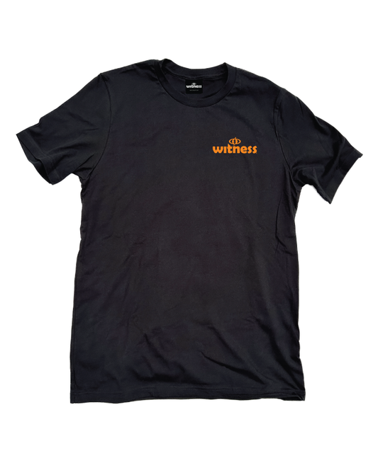 Black T with orange Witness 26 logo - by Witness - Surf and Creative Wear