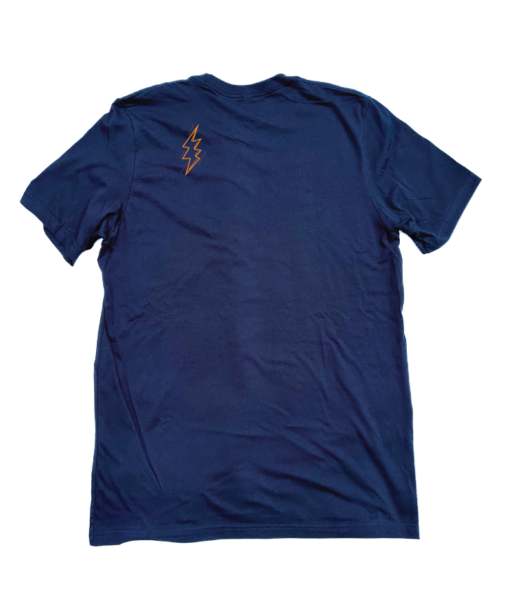 Navy Shirt (back view) with orange zap logo on left shoulder