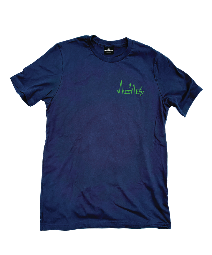 Navy Shirt (front view) with green Kader Frequency Witness logo 
