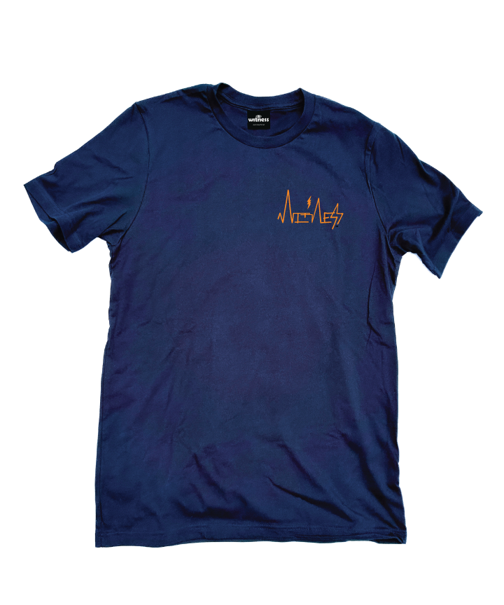 Navy Shirt (front view) with orange Kader Frequency Witness logo 