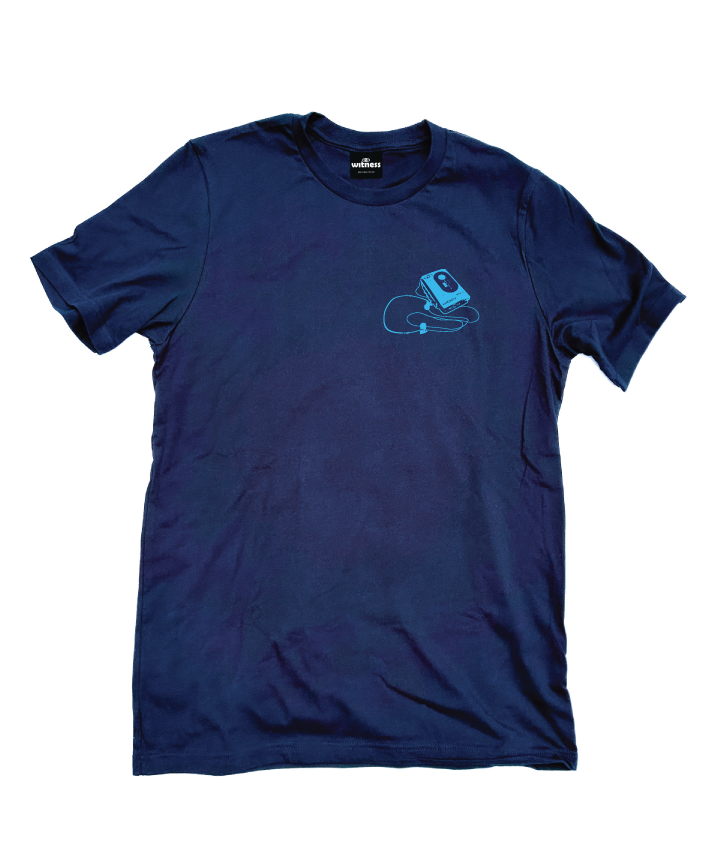 Navy Shirt with blue Retro/vintage Sony Sports Walkman graphic tee modified with Witness logo and Dew Boys emblem