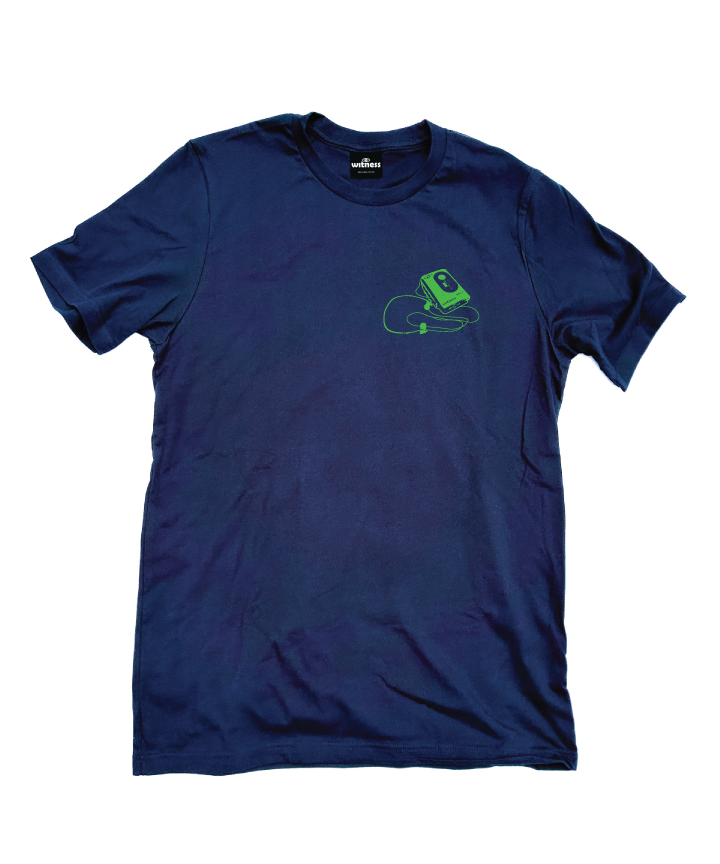 Navy Shirt with green Retro/vintage Sony Sports Walkman graphic tee modified with Witness logo and Dew Boys emblem