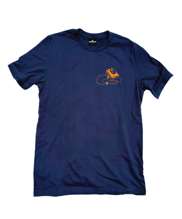 Navy Shirt with orange Retro/vintage Sony Sports Walkman graphic tee modified with Witness logo and Dew Boys emblem