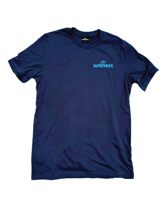 Navy Shirt (back view) with blue Witness 26 logo