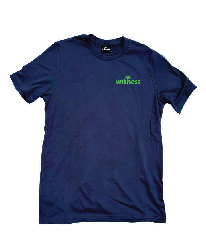 Navy Shirt (back view) with green Witness 26 logo